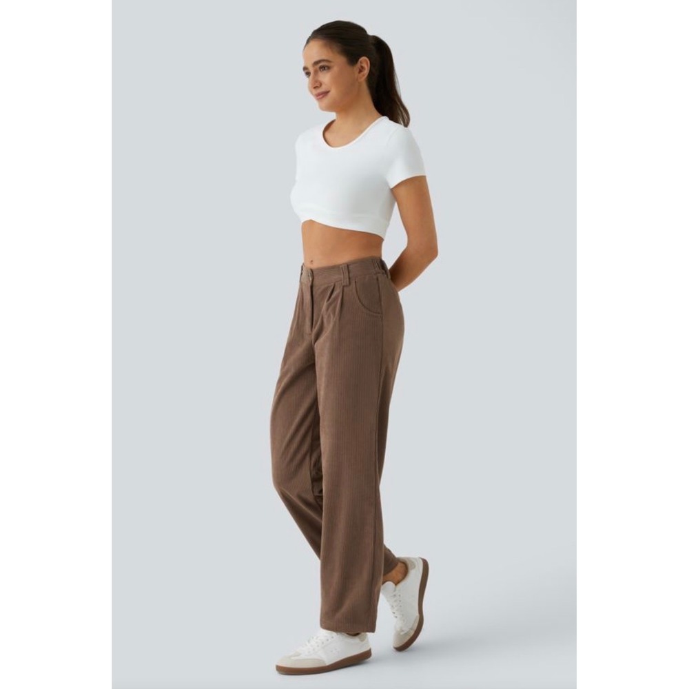 Halara Acorn Brown Corduroy High Waisted Straight‎ Leg Pleated Pants Womens XL